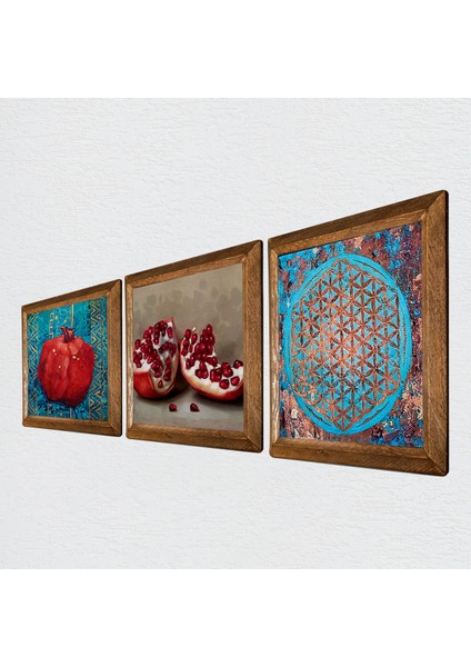 Yaşam Çiçeği, Nar Ahşap Çerçeveli Taş Duvar Tablosu 3’lü Set – 25x25 cm Dekoratif Modern Sanat – Ev ve Ofis Dekoru |W3-827| fiyatları