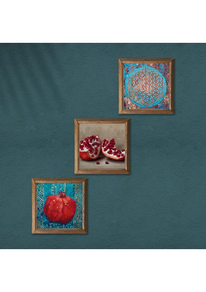 Yaşam Çiçeği, Nar Ahşap Çerçeveli Taş Duvar Tablosu 3’lü Set – 25x25 cm Dekoratif Modern Sanat – Ev ve Ofis Dekoru |W3-827| modelleri