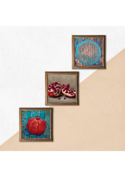 Yaşam Çiçeği, Nar Ahşap Çerçeveli Taş Duvar Tablosu 3’lü Set – 25x25 cm Dekoratif Modern Sanat – Ev ve Ofis Dekoru |W3-827| indirimleri