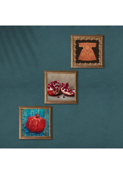 Hırka-i Şerif, Nar Taş Duvar Tablosu Ahşap Çerçeveli Duvar Dekoru 3 Parça Tablo Seti Wall Art W3-831