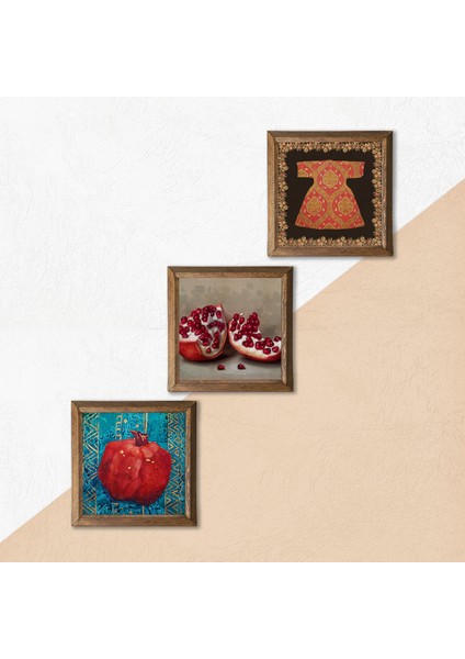 Hırka-i Şerif, Nar Taş Duvar Tablosu Ahşap Çerçeveli Duvar Dekoru 3 Parça Tablo Seti Wall Art W3-831
