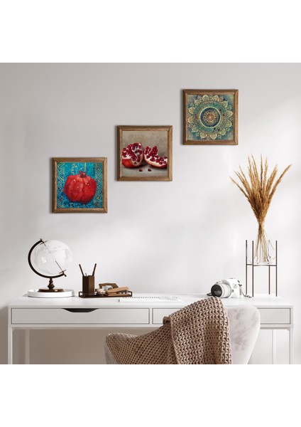 Mandala, Nar Taş Duvar Tablosu Ahşap Çerçeveli Duvar Dekoru 3 Parça Tablo Seti Wall Art W3-835