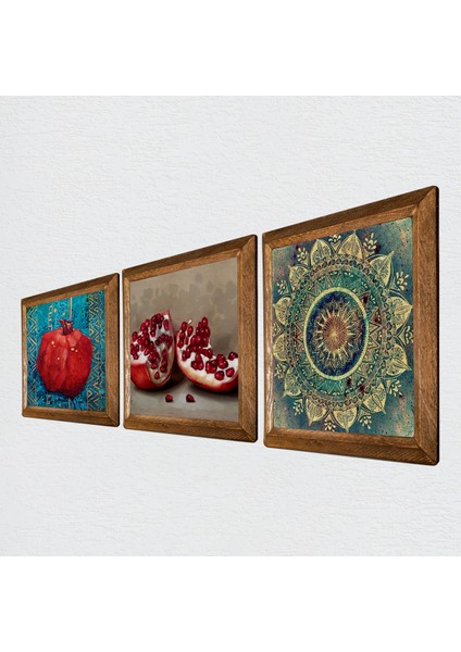 Mandala, Nar Taş Duvar Tablosu Ahşap Çerçeveli Duvar Dekoru 3 Parça Tablo Seti Wall Art W3-835