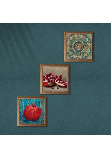 Mandala, Nar Taş Duvar Tablosu Ahşap Çerçeveli Duvar Dekoru 3 Parça Tablo Seti Wall Art W3-835