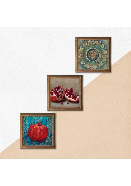 Mandala, Nar Taş Duvar Tablosu Ahşap Çerçeveli Duvar Dekoru 3 Parça Tablo Seti Wall Art W3-835