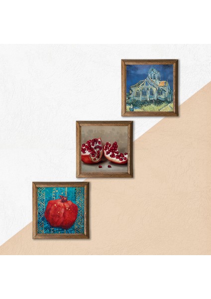 Stone Van Gogh Auvers'deki Kilise, Nar Ahşap Çerçeveli Taş Duvar Tablosu 3’lü Set – 25x25 cm Dekoratif Modern Sanat – Ev ve Ofis Dekoru |W3-841| indirimleri