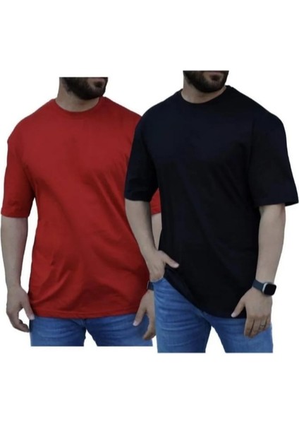 Erkek 2li Rahat Kalıp Kısa Kol Basic Bisiklet Yaka Oversize T-Shirt