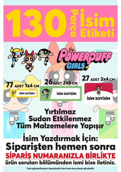 Okul Etiketi Kalem Defter Etiketi Powerpuff Girls Özel Isim Yazılabilen Etiket - 130 Adet
