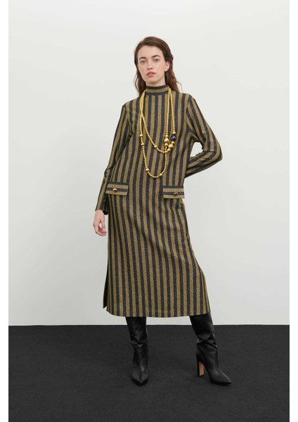 Çizgi Örme Uzun Kol Midi Elbise Standart Renk K2421004_089 modelleri