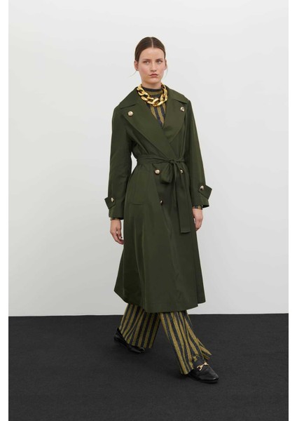 Kruvaze Gold Düğmeli Trençkot Haki K2418302_023