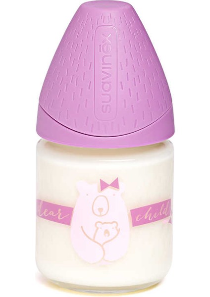 Geniş Ağız Cam Biberon 120 ml Üç Pozisyonlu Silikon Uç - Bear Mor