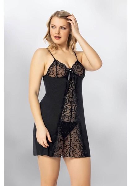2 Parça Siyah Renk Ip Askılı Dantelli Fantezi Kadın Gecelik Takımı