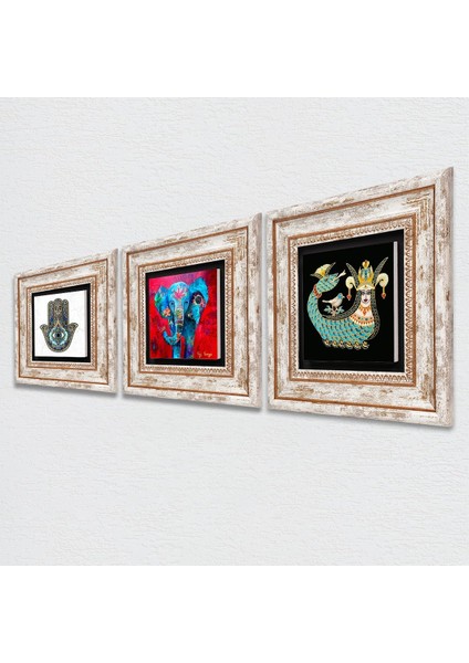Stone Fil, Şahmeran, Fatma Ana Eli (Hamsa) Çerçeveli Taş Duvar Tablosu 3’lü Set - Dekoratif Modern Sanat, Ev ve Ofis Dekoru |TK3-77| fiyatları