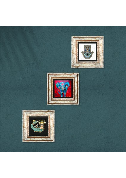 Stone Fil, Şahmeran, Fatma Ana Eli (Hamsa) Çerçeveli Taş Duvar Tablosu 3’lü Set - Dekoratif Modern Sanat, Ev ve Ofis Dekoru |TK3-77| fırsatları