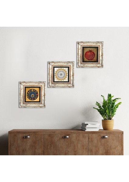 Şems Suresi, Nazar Boncuğu, Bereket Duası Taş Duvar Tablosu Çerçeveli Duvar Dekoru 3 Parça Tablo Seti Wall Art T3-295