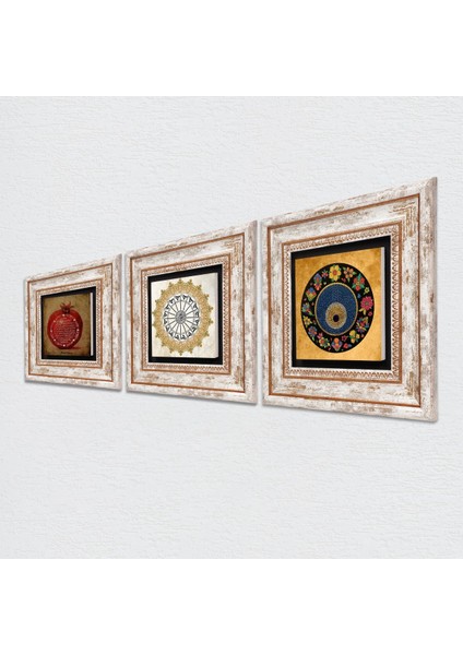 Şems Suresi, Nazar Boncuğu, Bereket Duası Taş Duvar Tablosu Çerçeveli Duvar Dekoru 3 Parça Tablo Seti Wall Art T3-295