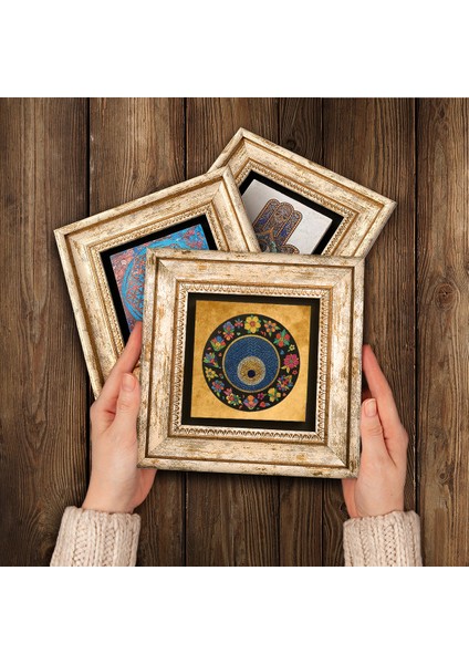 Şems Suresi, Nazar Boncuğu, Bereket Duası Taş Duvar Tablosu Çerçeveli Duvar Dekoru 3 Parça Tablo Seti Wall Art T3-295
