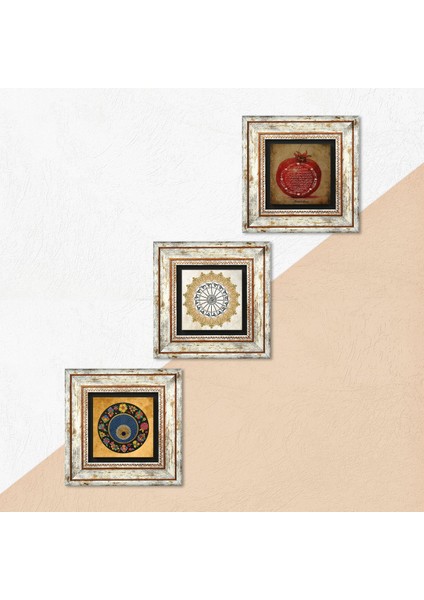 Şems Suresi, Nazar Boncuğu, Bereket Duası Taş Duvar Tablosu Çerçeveli Duvar Dekoru 3 Parça Tablo Seti Wall Art T3-295