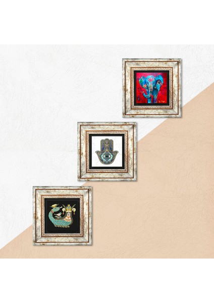 Stone Fil, Şahmeran, Fatma Ana Eli (Hamsa) Çerçeveli Taş Duvar Tablosu 3’lü Set - Dekoratif Modern Sanat, Ev ve Ofis Dekoru |TK3-77| indirimleri