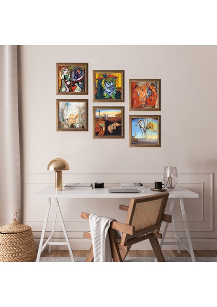 Picasso, Salvador Dalí Taş Duvar Tablosu Ahşap Çerçeveli Duvar Dekoru 6 Parça Tablo Seti Wall Art W6-49