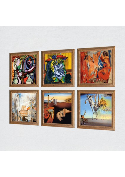 Picasso, Salvador Dalí Taş Duvar Tablosu Ahşap Çerçeveli Duvar Dekoru 6 Parça Tablo Seti Wall Art W6-49