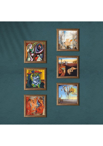 Picasso, Salvador Dalí Taş Duvar Tablosu Ahşap Çerçeveli Duvar Dekoru 6 Parça Tablo Seti Wall Art W6-49