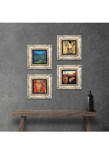 Stone Salvador Dalí, Picasso, Van Gogh, Gustav Klimt Çerçeveli Taş Duvar Tablosu 4’lü Set - Dekoratif Modern Sanat, Ev ve Ofis Dekoru |TK4-695|