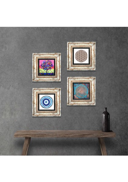 Nazar, Yaşam Çiçeği, Hayat Ağacı Taş Duvar Tablosu Çerçeveli Duvar Dekoru 4 Parça Tablo Seti Wall Art T4-834