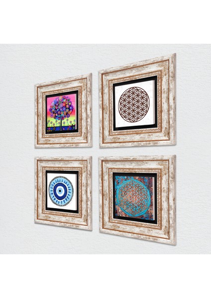 Nazar, Yaşam Çiçeği, Hayat Ağacı Taş Duvar Tablosu Çerçeveli Duvar Dekoru 4 Parça Tablo Seti Wall Art T4-834