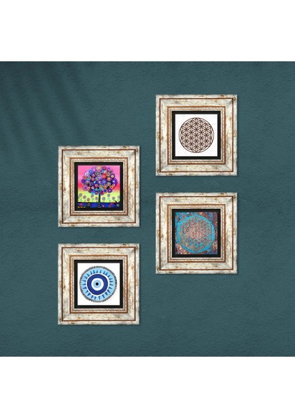 Nazar, Yaşam Çiçeği, Hayat Ağacı Taş Duvar Tablosu Çerçeveli Duvar Dekoru 4 Parça Tablo Seti Wall Art T4-834