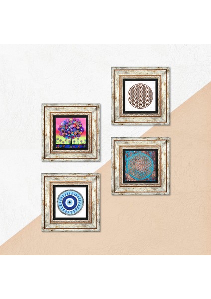 Nazar, Yaşam Çiçeği, Hayat Ağacı Taş Duvar Tablosu Çerçeveli Duvar Dekoru 4 Parça Tablo Seti Wall Art T4-834