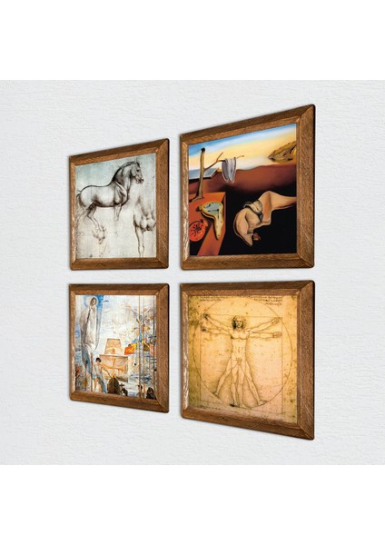 Salvador Dalí, Leonardo da Vinci Taş Duvar Tablosu Ahşap Çerçeveli Duvar Dekoru 4 Parça Tablo Seti Wall Art W4-972