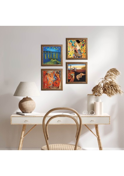 Stone Salvador Dalí, Picasso, Van Gogh, Gustav Klimt Ahşap Çerçeveli Taş Duvar Tablosu 4’lü Set – 25x25 cm Dekoratif Modern Sanat – Ev ve Ofis Dekoru |W4-695|