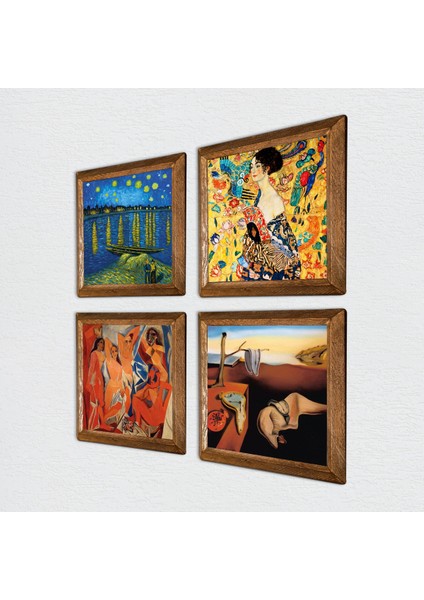 Stone Salvador Dalí, Picasso, Van Gogh, Gustav Klimt Ahşap Çerçeveli Taş Duvar Tablosu 4’lü Set – 25x25 cm Dekoratif Modern Sanat – Ev ve Ofis Dekoru |W4-695| fiyatları