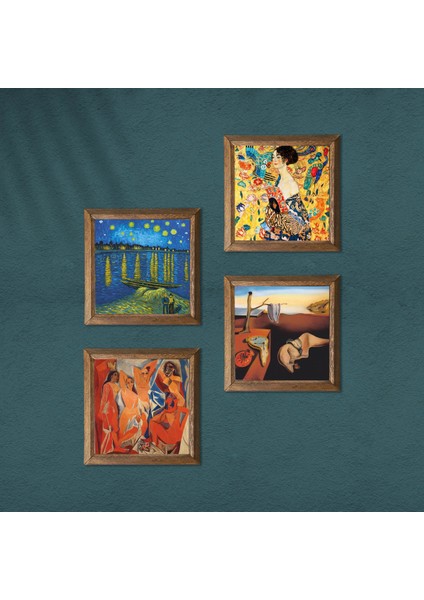 Stone Salvador Dalí, Picasso, Van Gogh, Gustav Klimt Ahşap Çerçeveli Taş Duvar Tablosu 4’lü Set – 25x25 cm Dekoratif Modern Sanat – Ev ve Ofis Dekoru |W4-695| modelleri
