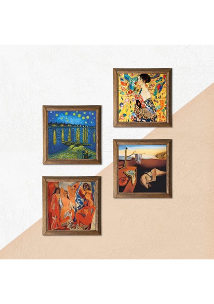Stone Salvador Dalí, Picasso, Van Gogh, Gustav Klimt Ahşap Çerçeveli Taş Duvar Tablosu 4’lü Set – 25x25 cm Dekoratif Modern Sanat – Ev ve Ofis Dekoru |W4-695| indirimleri