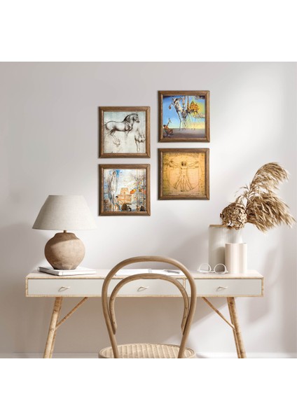 Salvador Dalí, Leonardo da Vinci Taş Duvar Tablosu Ahşap Çerçeveli Duvar Dekoru 4 Parça Tablo Seti Wall Art W4-971