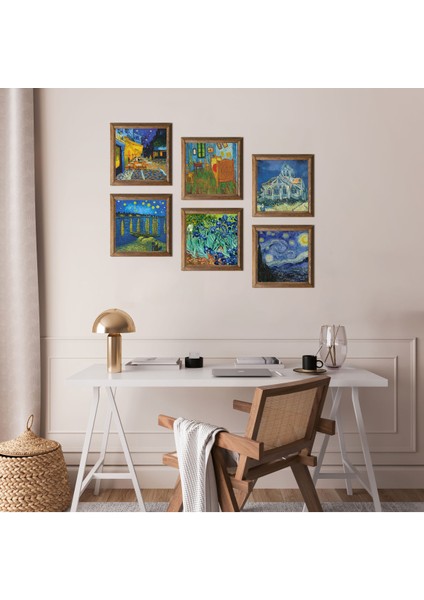 Van Gogh Taş Duvar Tablosu Ahşap Çerçeveli Duvar Dekoru 6 Parça Tablo Seti Wall Art W6-55