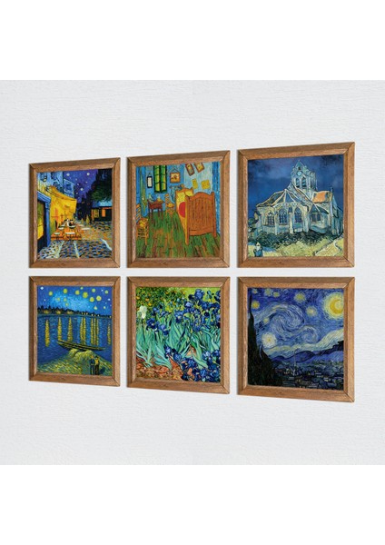 Van Gogh Taş Duvar Tablosu Ahşap Çerçeveli Duvar Dekoru 6 Parça Tablo Seti Wall Art W6-55