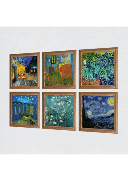 Van Gogh Taş Duvar Tablosu Ahşap Çerçeveli Duvar Dekoru 6 Parça Tablo Seti Wall Art W6-56