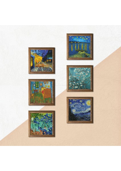 Van Gogh Taş Duvar Tablosu Ahşap Çerçeveli Duvar Dekoru 6 Parça Tablo Seti Wall Art W6-56