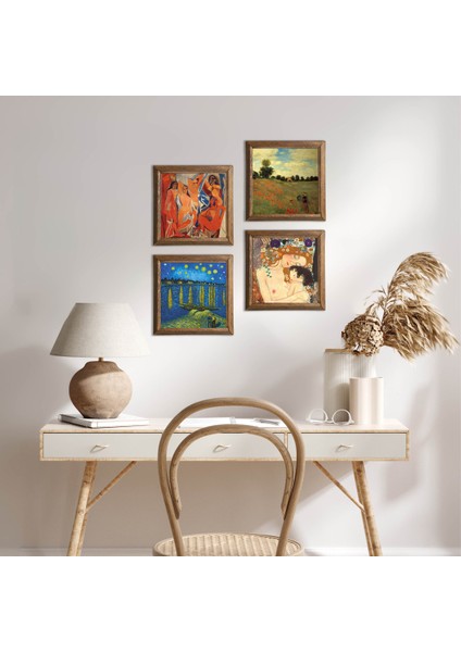 Stone Picasso, Van Gogh, Claude Monet, Gustav Klimt Ahşap Çerçeveli Taş Duvar Tablosu 4’lü Set – 25x25 cm Dekoratif Modern Sanat – Ev ve Ofis Dekoru |W4-943|