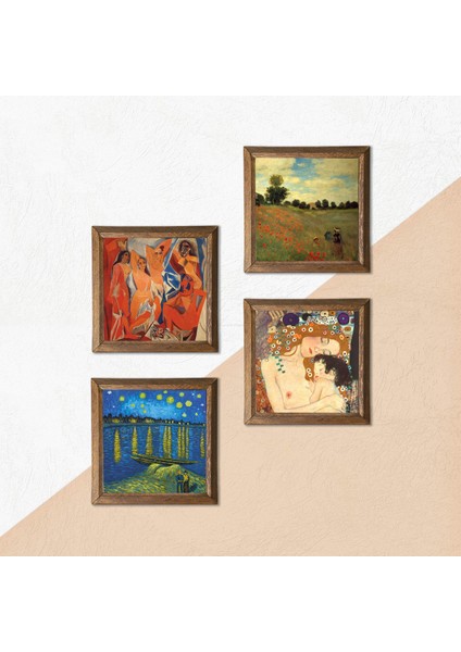 Stone Picasso, Van Gogh, Claude Monet, Gustav Klimt Ahşap Çerçeveli Taş Duvar Tablosu 4’lü Set – 25x25 cm Dekoratif Modern Sanat – Ev ve Ofis Dekoru |W4-943| indirimleri