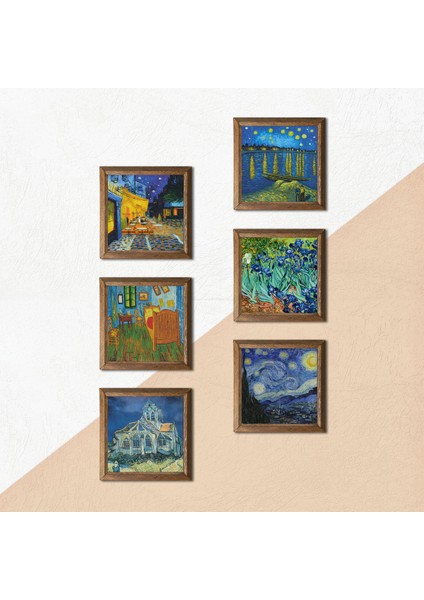 Van Gogh Taş Duvar Tablosu Ahşap Çerçeveli Duvar Dekoru 6 Parça Tablo Seti Wall Art W6-55