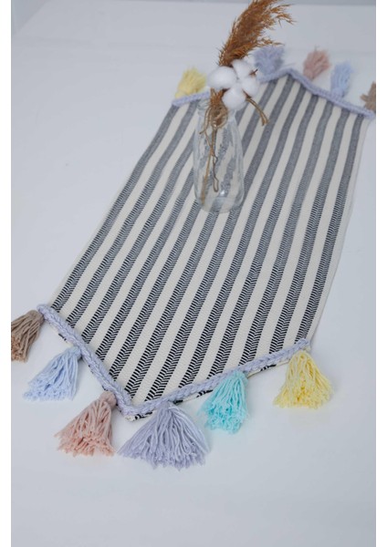 Renkli Püsküllü Çizgili Runner 90 x 30,R-47K