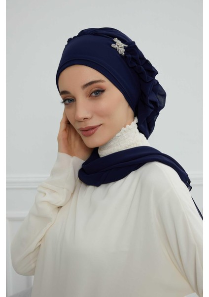 Yandan Fırfırlı Gümüş Aksesuarlı Şifon Hazır TÜRBAN,HT-106,HT-106