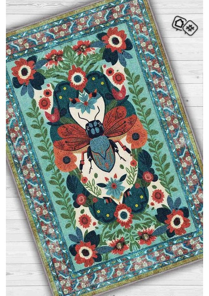 Nuh'un Gemisi Koleksiyonu Sinek, Çiçek Desenli Art Deco Tarzı Vintage Halı,Çok Renkli Maksimalist Halı
