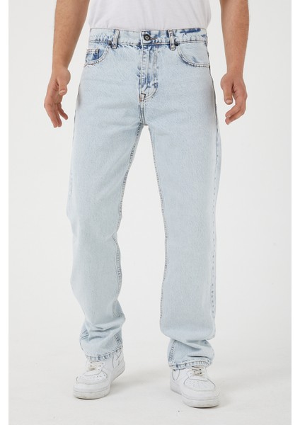 Erkek Açık Mavi Baggy Düz Bol Kesim Kot Pantolon