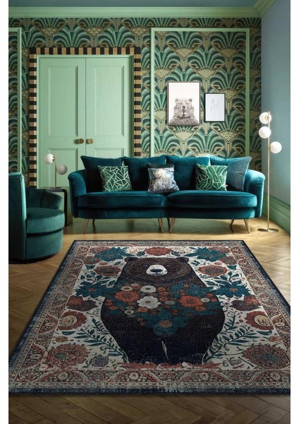 Nuh'un Gemisi Koleksiyonu Ayı, Çiçek Desenli Art Deco Tarzı Vintage Halı,Çok Renkli Maksimalist Halı