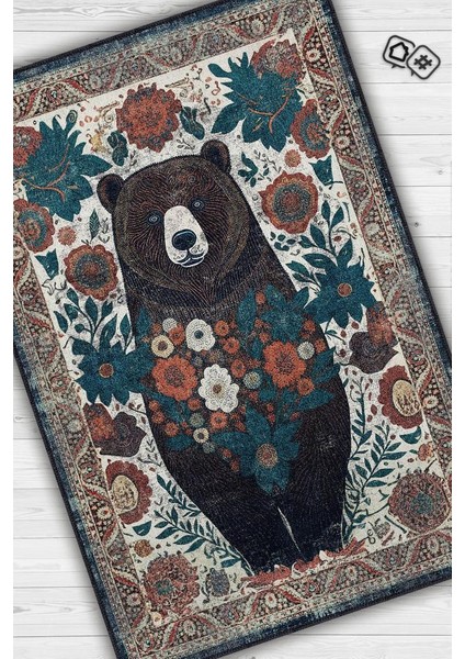 Nuh'un Gemisi Koleksiyonu Ayı, Çiçek Desenli Art Deco Tarzı Vintage Halı,Çok Renkli Maksimalist Halı